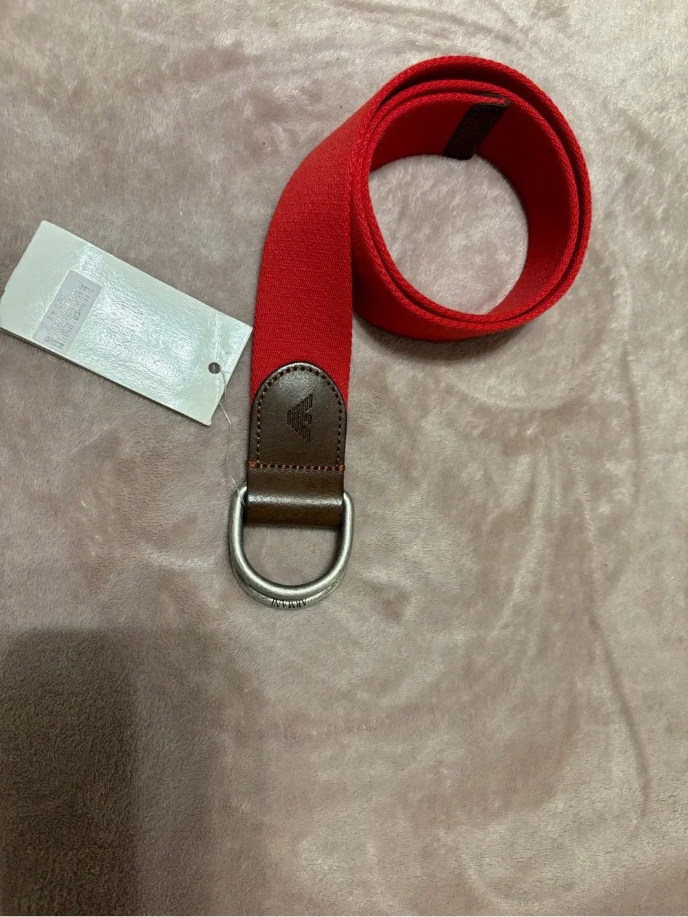 Armani Junior Red Webbing Belt with Brown Leather and Silver Rings 71 cm